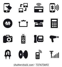 16 vector icon set : touch, notebook connect, tap to pay, phone pay, crypto currency, electrostatic, market scales, calculator, camera, remote control, intercome, hair dryer