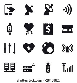 16 vector icon set : touch, satellite antenna, wireless, smartwatch, cardio chip, receipt, market scales, equalizer