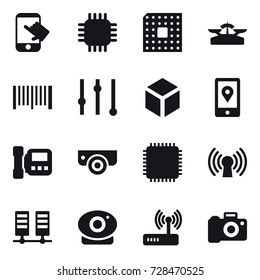 16 vector icon set : touch, chip, cpu, scales, barcode, equalizer, 3d, intercome, surveillance camera