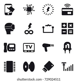 16 vector icon set : touch, chip, lightning, tap to pay, virtual mask, infinity power, electrostatic, calculator, intercome, tv, hair dryer