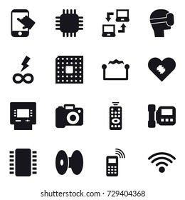 16 vector icon set : touch, chip, notebook connect, virtual mask, infinity power, cpu, electrostatic, atm, camera, remote control, intercome