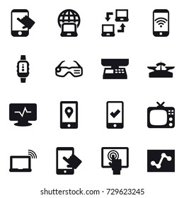 16 vector icon set : touch, notebook globe, notebook connect, phone wireless, smartwatch, smart glasses, market scales, scales, mobile checking, tv