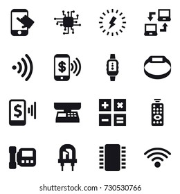 16 vector icon set : touch, chip, lightning, notebook connect, wireless, phone pay, smartwatch, smart bracelet, mobile pay, market scales, calculator, remote control, intercome