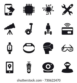 16 Vector Icon Set : Touch, Chip, Pencil Wrench, Telescope, Segway, Hoverboard, Tap To Pay, Smartwatch, Smart Bracelet, Virtual Mask, Smart Glasses