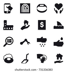 16 vector icon set : touch, fingerprint, smart bracelet, mansion, real estate, shark flipper, sow, hand drop, soap, scoop, wiping, housing