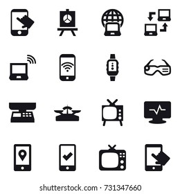 16 vector icon set : touch, presentation, notebook globe, notebook connect, notebook wireless, phone wireless, smartwatch, smart glasses, market scales, scales, tv, mobile checking