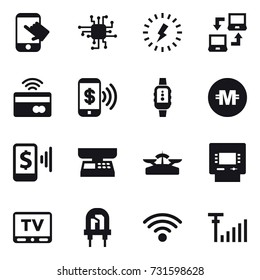 16 vector icon set : touch, chip, lightning, notebook connect, tap to pay, phone pay, smartwatch, crypto currency, mobile pay, market scales, scales, atm, tv