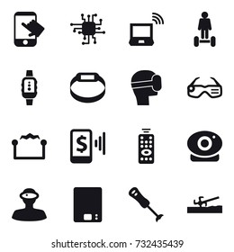 16 vector icon set : touch, chip, notebook wireless, hoverboard, smartwatch, smart bracelet, virtual mask, smart glasses, electrostatic, mobile pay, remote control, kitchen scales, soil cutter