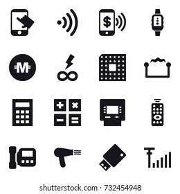 16 vector icon set : touch, wireless, phone pay, smartwatch, crypto currency, infinity power, cpu, electrostatic, calculator, atm, remote control, intercome, hair dryer