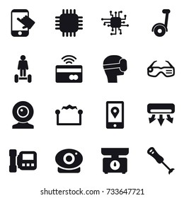 16 vector icon set : touch, chip, segway, hoverboard, tap to pay, virtual mask, smart glasses, web cam, electrostatic, air conditioning, intercome, kitchen scales
