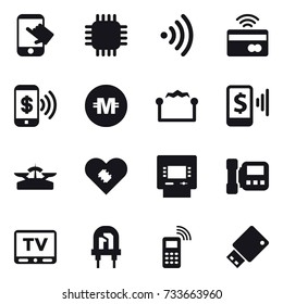 16 vector icon set : touch, chip, wireless, tap to pay, phone pay, crypto currency, electrostatic, mobile pay, scales, atm, intercome, tv