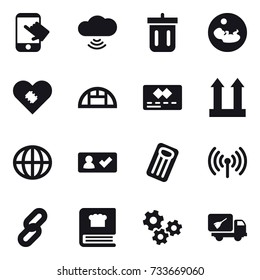 16 vector icon set : touch, cloud wireless, bin, greenhouse, globe, check in, inflatable mattress, wireless, gears, home call cleaning