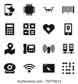 16 vector icon set : touch, chip, drone, barcode, calculator, intercome