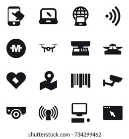 16 vector icon set : touch, notebook, notebook globe, wireless, crypto currency, drone, market scales, scales, surveillance, surveillance camera