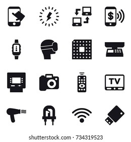 16 vector icon set : touch, lightning, notebook connect, phone pay, smartwatch, virtual mask, cpu, market scales, atm, camera, remote control, tv, hair dryer