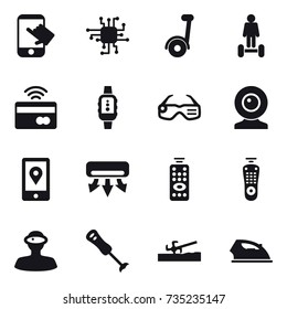 16 vector icon set : touch, chip, segway, hoverboard, tap to pay, smartwatch, smart glasses, web cam, air conditioning, remote control, soil cutter, iron