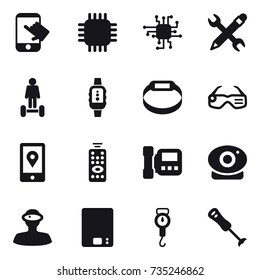 16 vector icon set : touch, chip, pencil wrench, hoverboard, smartwatch, smart bracelet, smart glasses, remote control, intercome, kitchen scales, handle scales