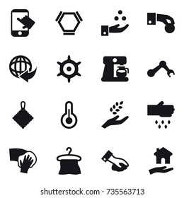 16 vector icon set : touch, hex molecule, chamical industry, hand coin, handwheel, coffee maker, rag, harvest, sow, wiping, hanger, housing