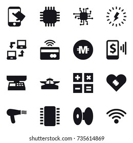 16 vector icon set : touch, chip, lightning, notebook connect, tap to pay, crypto currency, mobile pay, market scales, scales, calculator, hair dryer