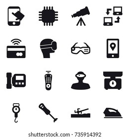 16 vector icon set : touch, chip, telescope, notebook connect, tap to pay, virtual mask, smart glasses, intercome, kitchen scales, handle scales, soil cutter, iron