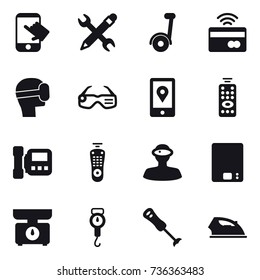 16 vector icon set : touch, pencil wrench, segway, tap to pay, virtual mask, smart glasses, remote control, intercome, kitchen scales, handle scales, iron