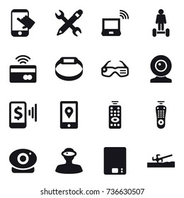 16 vector icon set : touch, pencil wrench, notebook wireless, hoverboard, tap to pay, smart bracelet, smart glasses, web cam, mobile pay, remote control, kitchen scales, soil cutter
