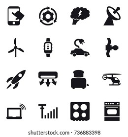 16 vector icon set : touch, around gear, brain, satellite antenna, windmill, smartwatch, electric car, air conditioning, toaster