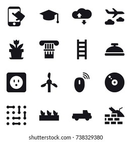 16 vector icon set : touch, graduate hat, cloude service, journey, flower, column, stairs, service bell, power socket, seedling, pickup, construct garbage