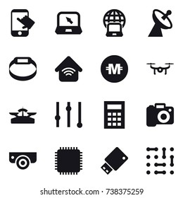 16 vector icon set : touch, notebook, notebook globe, satellite antenna, smart bracelet, wireless home, crypto currency, drone, scales, equalizer, calculator, camera, surveillance camera
