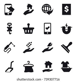 16 vector icon set : touch, real estate, mobile checking, harvest, hand leaf, scraper, scoop, hanger, housing, handle washing