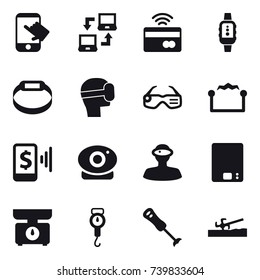 16 vector icon set : touch, notebook connect, tap to pay, smartwatch, smart bracelet, virtual mask, smart glasses, electrostatic, mobile pay, kitchen scales, handle scales, soil cutter