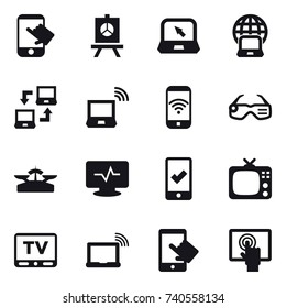 16 vector icon set : touch, presentation, notebook, notebook globe, notebook connect, notebook wireless, phone wireless, smart glasses, scales, mobile checking, tv