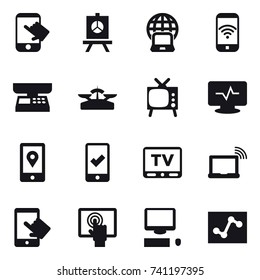 16 vector icon set : touch, presentation, notebook globe, phone wireless, market scales, scales, tv, mobile checking