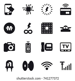 16 vector icon set : touch, chip, lightning, tap to pay, crypto currency, infinity power, cpu, scales, camera, remote control, intercome, tv