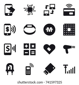 16 vector icon set : touch, chip, notebook connect, tap to pay, phone pay, smart bracelet, crypto currency, cpu, mobile pay, calculator, hair dryer