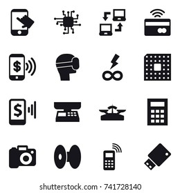 16 vector icon set : touch, chip, notebook connect, tap to pay, phone pay, virtual mask, infinity power, cpu, mobile pay, market scales, scales, calculator, camera