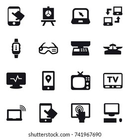 16 vector icon set : touch, presentation, notebook, notebook connect, smartwatch, smart glasses, market scales, scales, tv