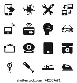 16 vector icon set : touch, chip, pencil wrench, notebook connect, notebook wireless, tap to pay, virtual mask, smart glasses, electrostatic, kitchen scales, handle scales, soil cutter, iron