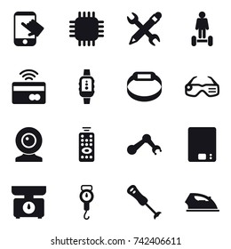 16 vector icon set : touch, chip, pencil wrench, hoverboard, tap to pay, smartwatch, smart bracelet, smart glasses, web cam, remote control, kitchen scales, handle scales, iron