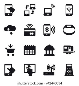 16 vector icon set : touch, notebook connect, notebook wireless, phone wireless, cloude service, tap to pay, phone pay, smart bracelet, add to cart, goverment house, trailer