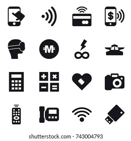 16 Vector Icon Set : Touch, Wireless, Tap To Pay, Phone Pay, Virtual Mask, Crypto Currency, Infinity Power, Scales, Calculator, Camera, Remote Control, Intercome