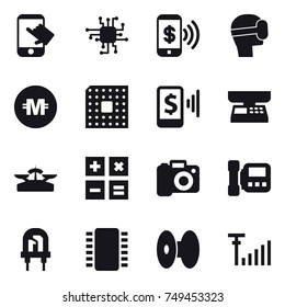 16 vector icon set : touch, chip, phone pay, virtual mask, crypto currency, cpu, mobile pay, market scales, scales, calculator, camera, intercome