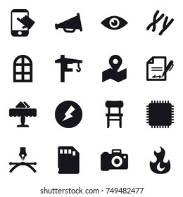 16 vector icon set : touch, loudspeaker, arch window, tower crane, restaurant, electricity, chair