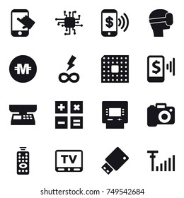 16 vector icon set : touch, chip, phone pay, virtual mask, crypto currency, infinity power, cpu, mobile pay, market scales, calculator, atm, camera, remote control, tv