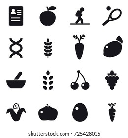 16 vector icon set : tourist, tennis, mortar, spikelets, cherry, grape, corn, tomato, egg, carrot