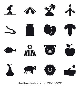 16 vector icon set : tourist, tent, island, walnut crack, field, pig, apple, pear, sheep, flower, hand drop