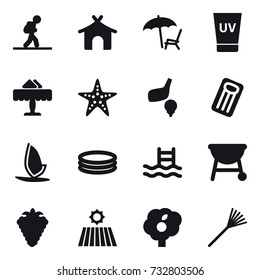 16 vector icon set : tourist, bungalow, lounger, uv cream, restaurant, starfish, golf, inflatable mattress, windsurfing, inflatable pool, pool, berry, field, garden, rake