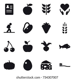 16 vector icon set : tourist, berry, spikelets, cherry, apple, beet, fish, pumpkin, egg, cheese, tooth brush