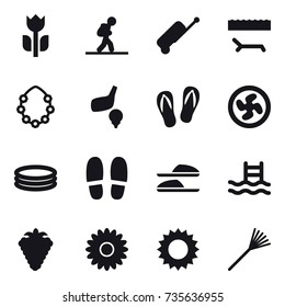 16 vector icon set : tourist, suitcase, lounger, hawaiian wreath, golf, flip-flops, cooler fan, inflatable pool, slippers, pool, berry, flower, sun, rake