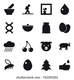 16 vector icon set : tourist, flower in window, drop, cauldron, rain cloud, cherry, pig, sheep, wasp, egg, spruce, hand drop